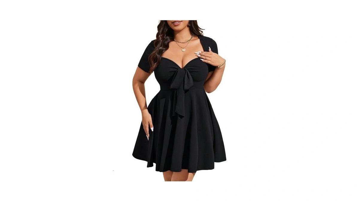 Beaudrm Women's Plus Size Bow Tie Mini Dress Sweetheart Neck