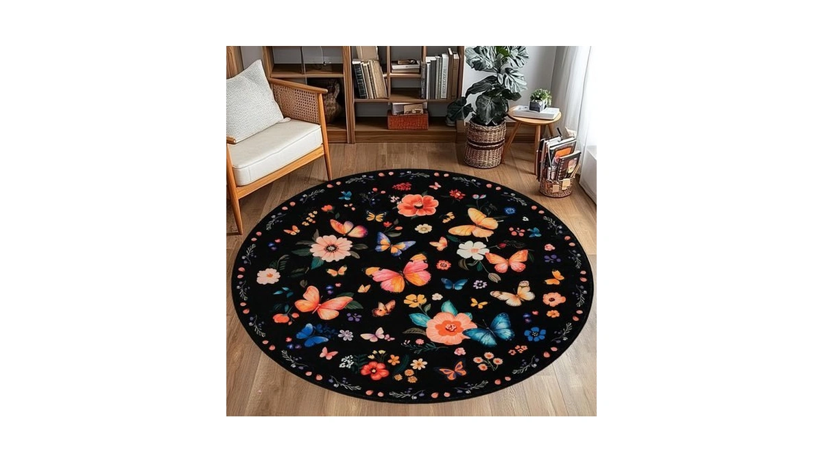 Acetiamin 4 Ft Machine Washable Floral Round Rug, Non-slip, Black