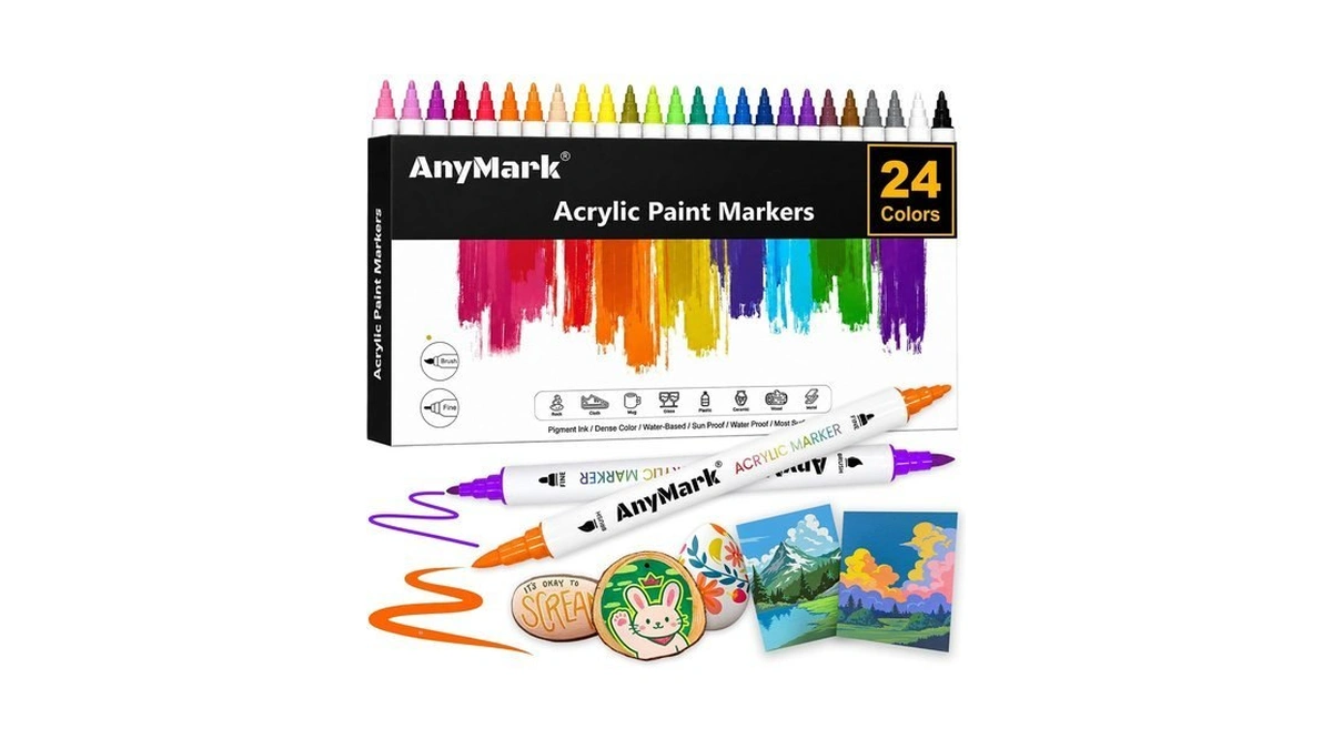 Anymark 24 Colors Acrylic Paint Markers Brush & Fine Paint