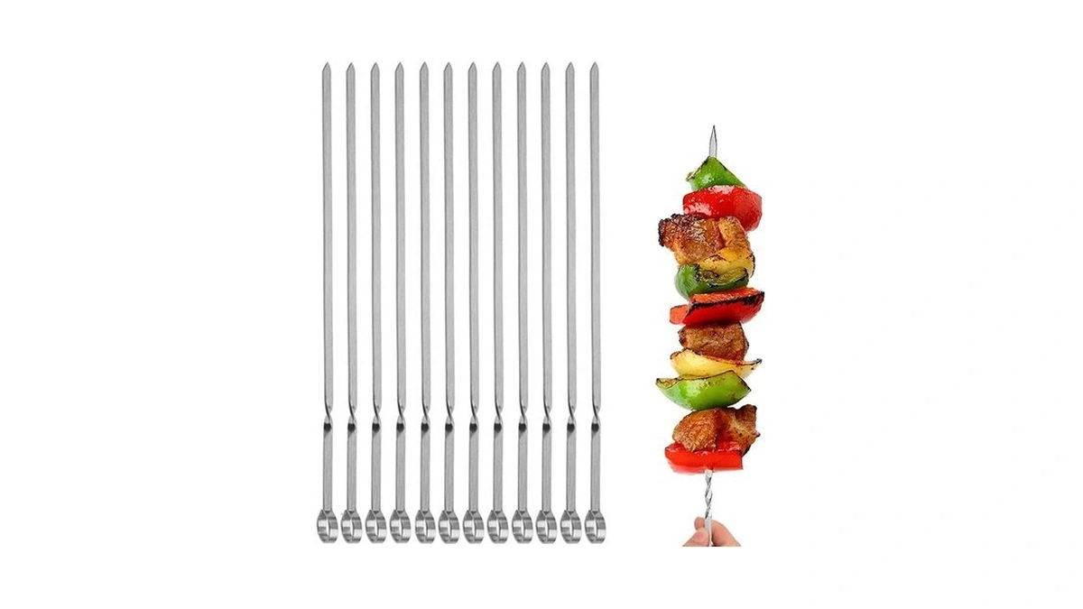 12pcs Kabob Skewers Flat Metal Bbq Barbecue Skewer 14" Long