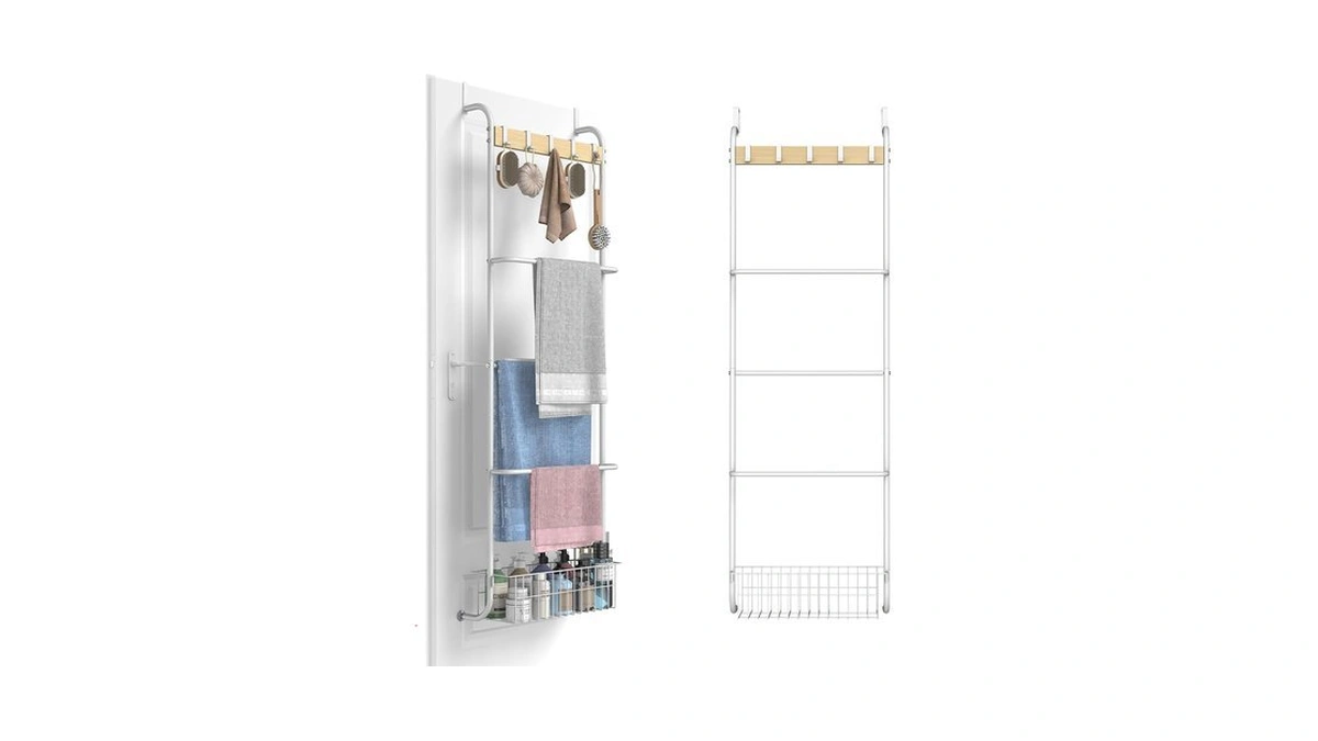 Over The Door Towel Rack, 5-tier Bathroom Organizer, White