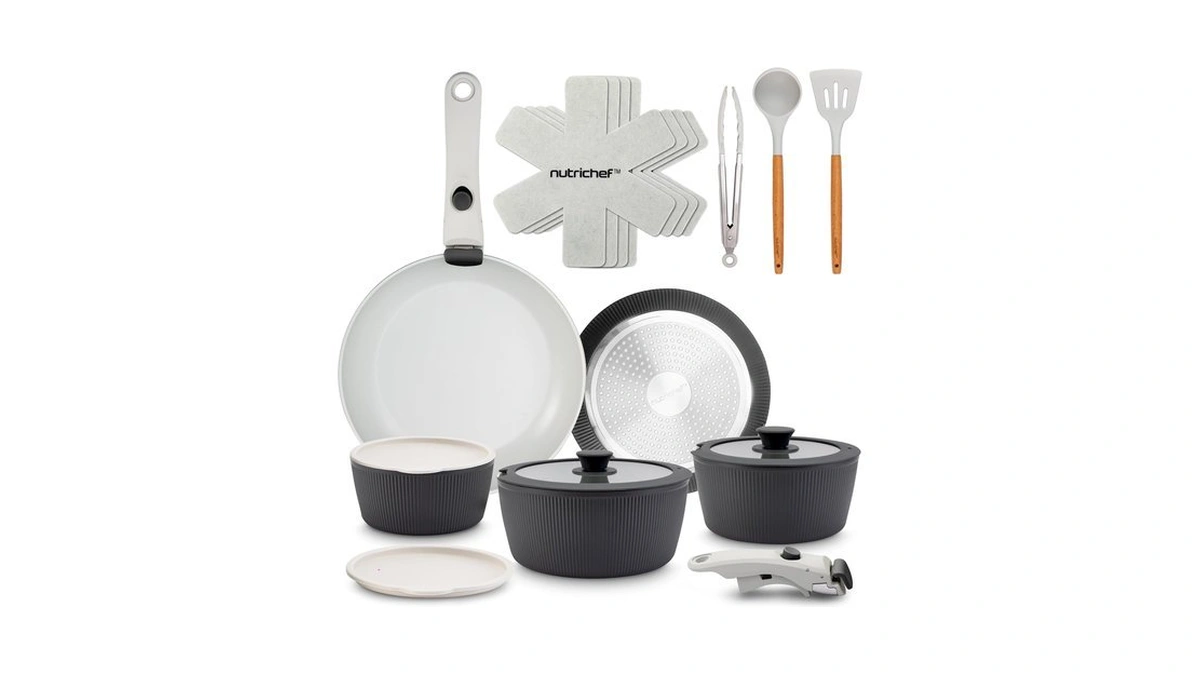 Nutrichef 18-piece Ceramic Cookware Set With Detachable Handles, Non Stick