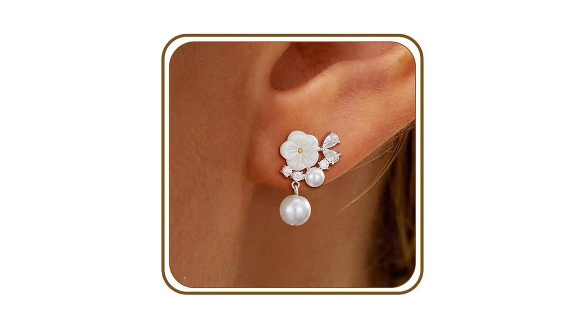 Lunvky 14k White Gold Pearl Dangle Drop Flower Wedding Earrings