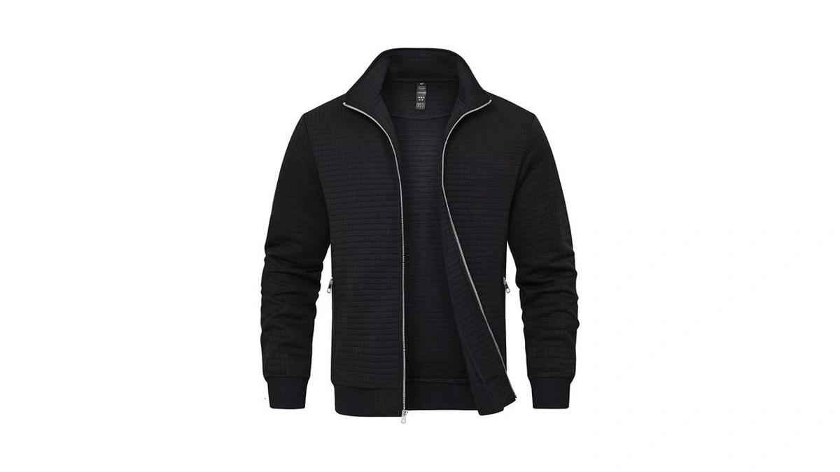 Satankud Men's Jacquard Waffle Plaidcloth Bright Metal Zipper Lightweight Jacket