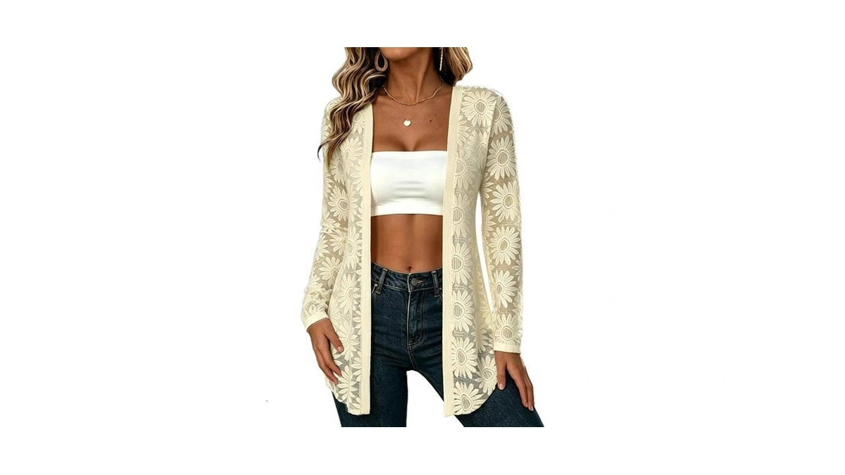 Women Lace Cardigans Open Front Kimono Shrugs Long Sleeve Jacquard