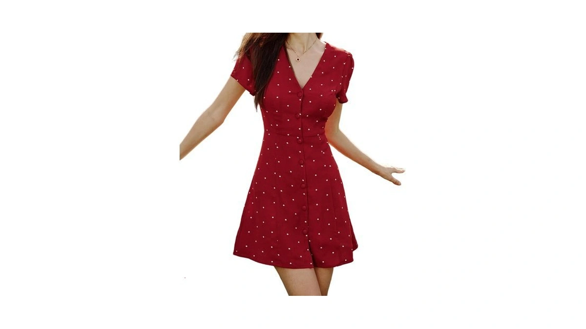 Rihoas Women V Neck Polka Dot Button Mini Dress |