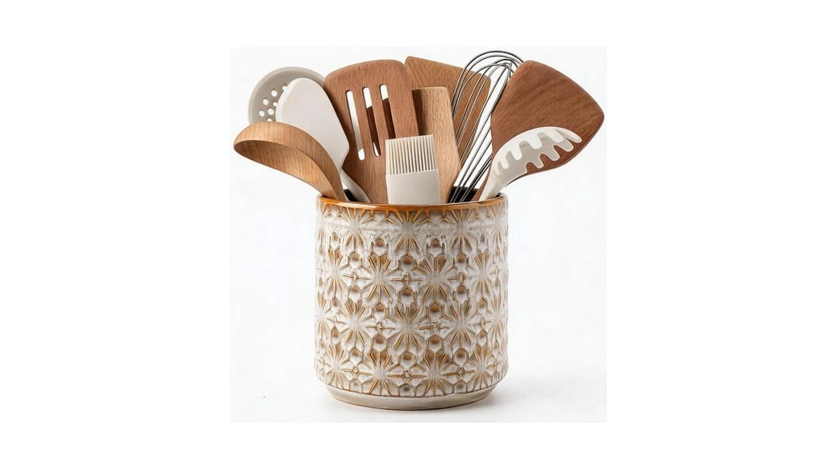 Utensil Holder Utensil Crock Rustic Embossed Ceramic Kitchen Utensil Holder