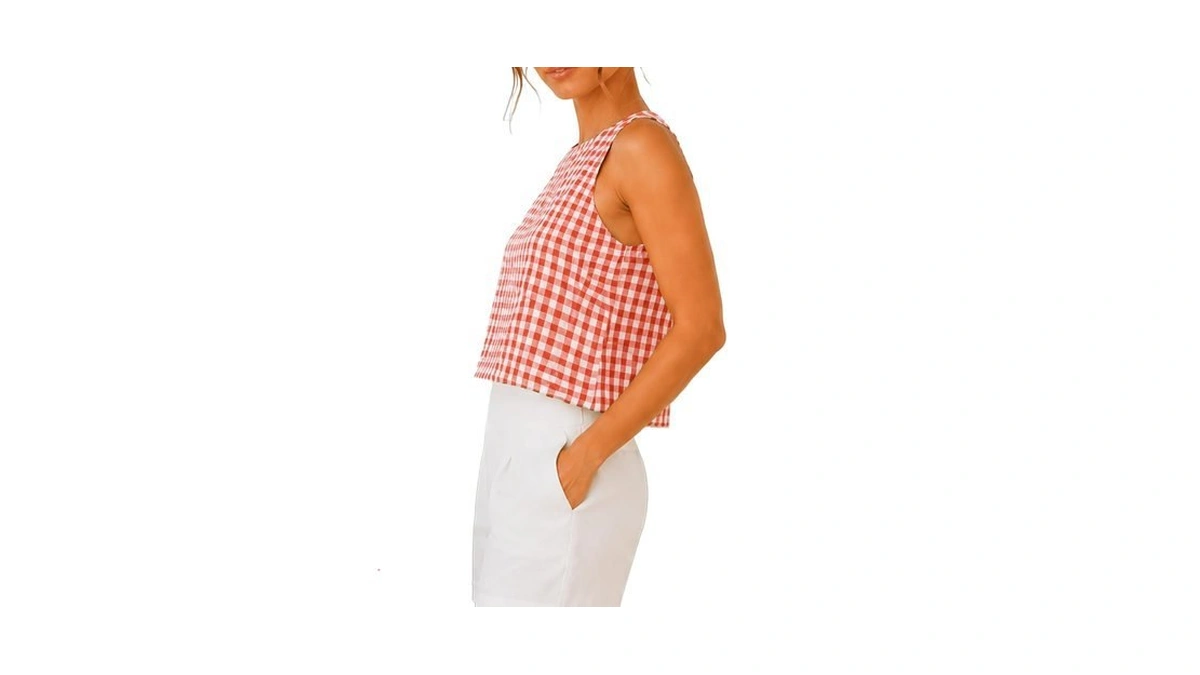 Women’s Tangerine-red M Gingham Tank Top Crop Plaid Vacation Beach