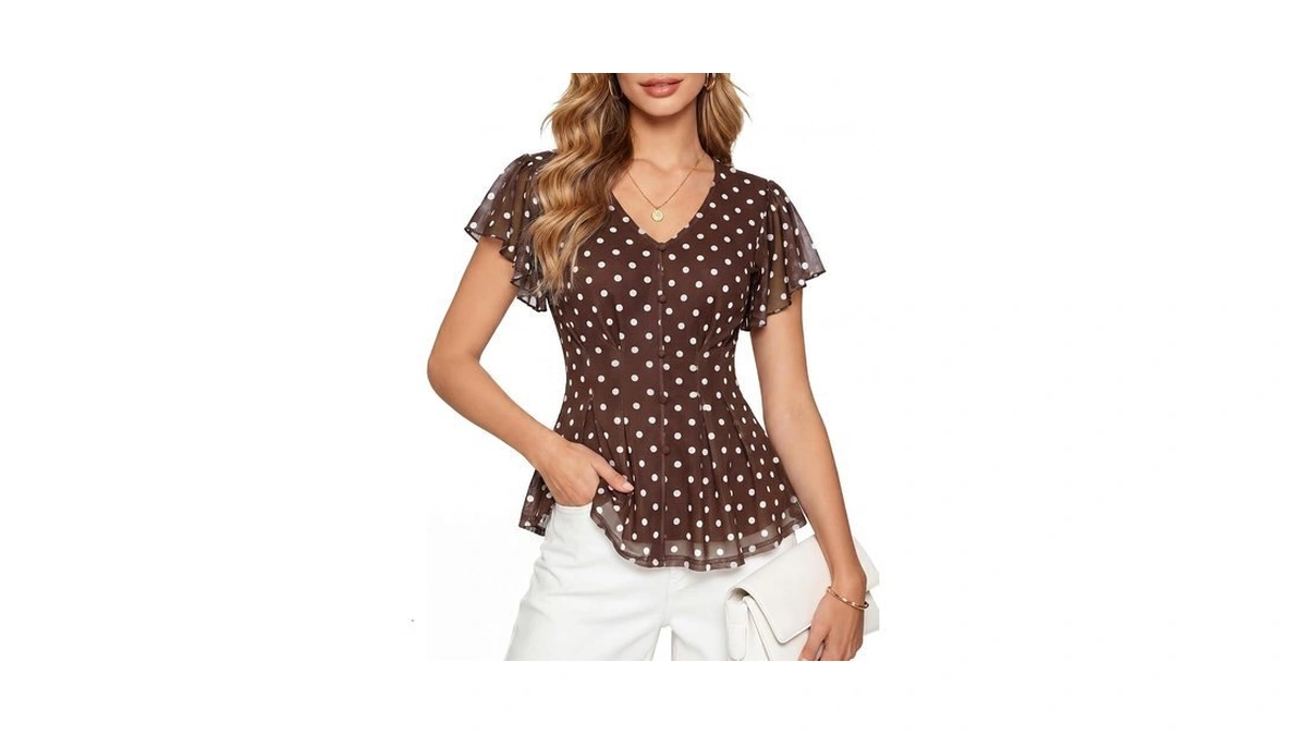 Grace Karin Women Boho Mesh Blouses Dressy Casual Brown Polka