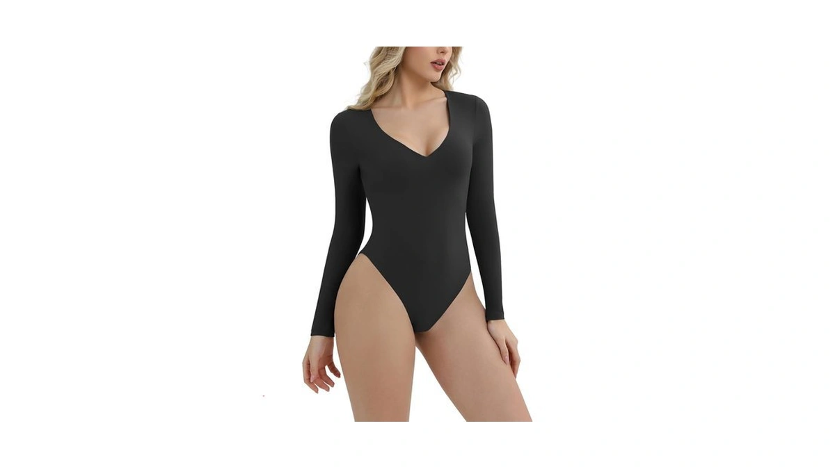 Suprenx Women's Long Sleeve Bodysuit Sexy V Neck Body Suits