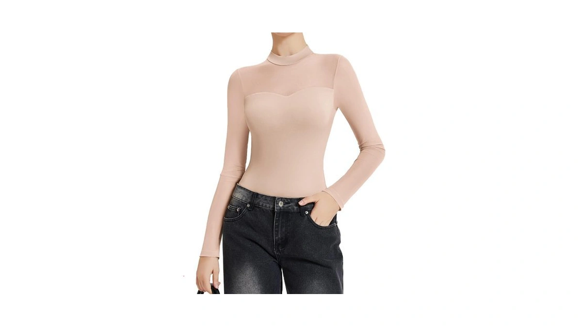 Avidlove Long Sleeve Bodysuits For Women Mock Neck Sheer Mesh
