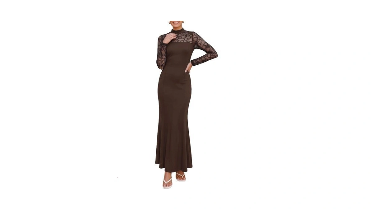 Prettygarden Women's Fall Lace Sheer Dress Bodycon Maxi Cocktail Dresses