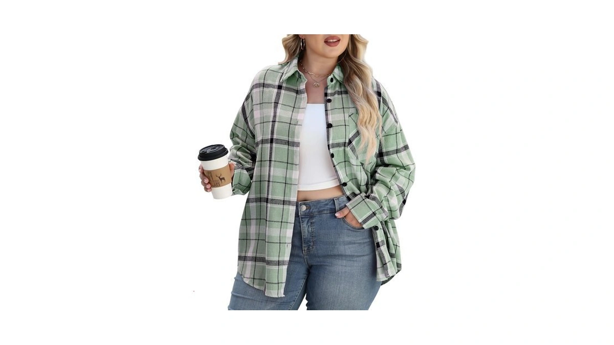 Dookttker Womens Plus Size Buffalo Plaid Flannel Shirt Button Down