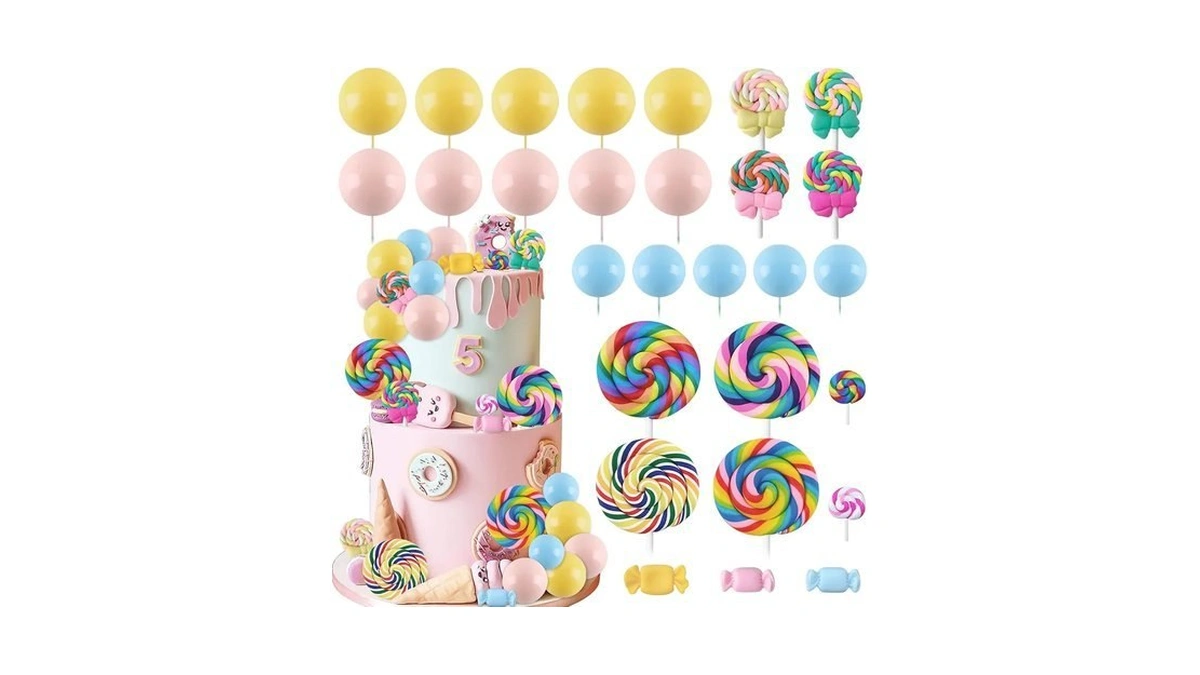 Rismise Candyland Cake Topper 28pcs Lollipop Cake Decorations Colorful Ball