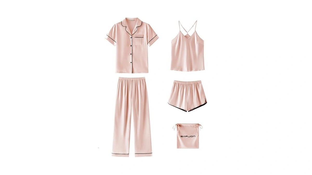 Sapjon Silk Satin Pajamas For Women 5pcs Soft Pjs Camisole