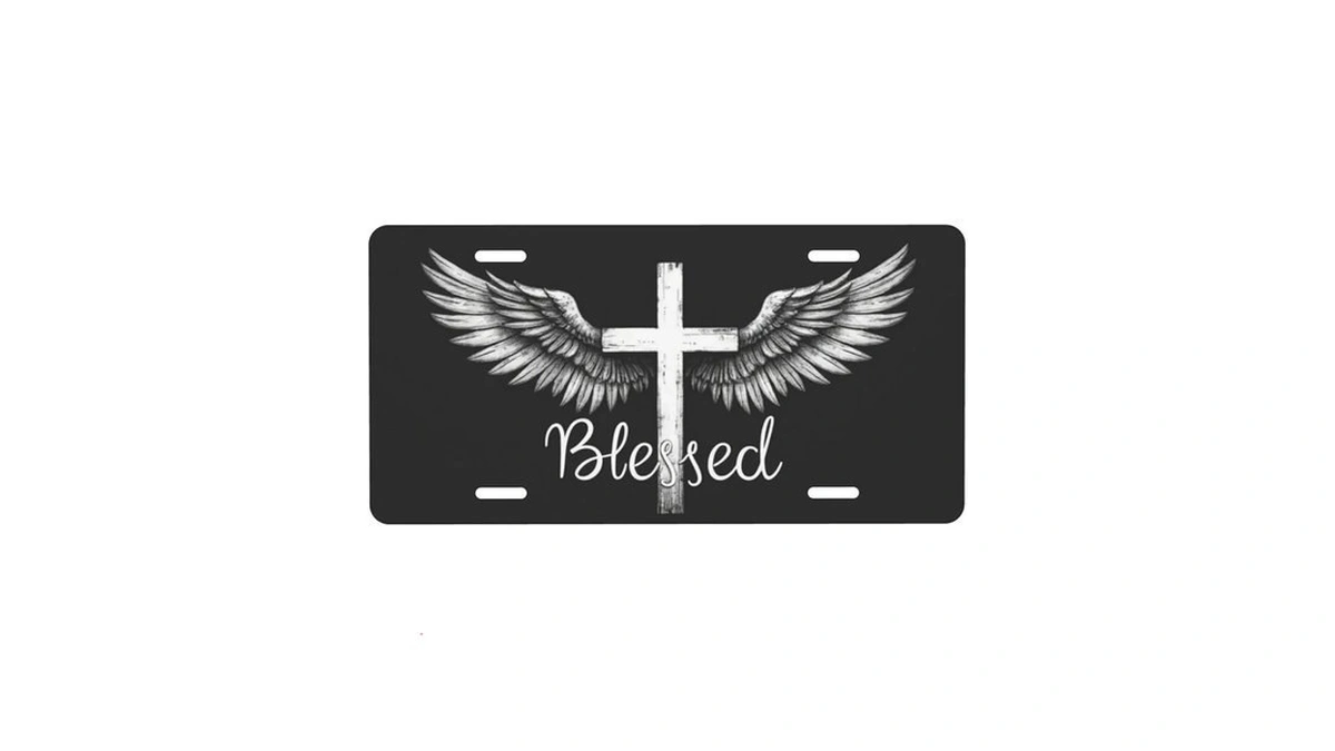Blessed Cross Wings Aluminum License Plate 6x12