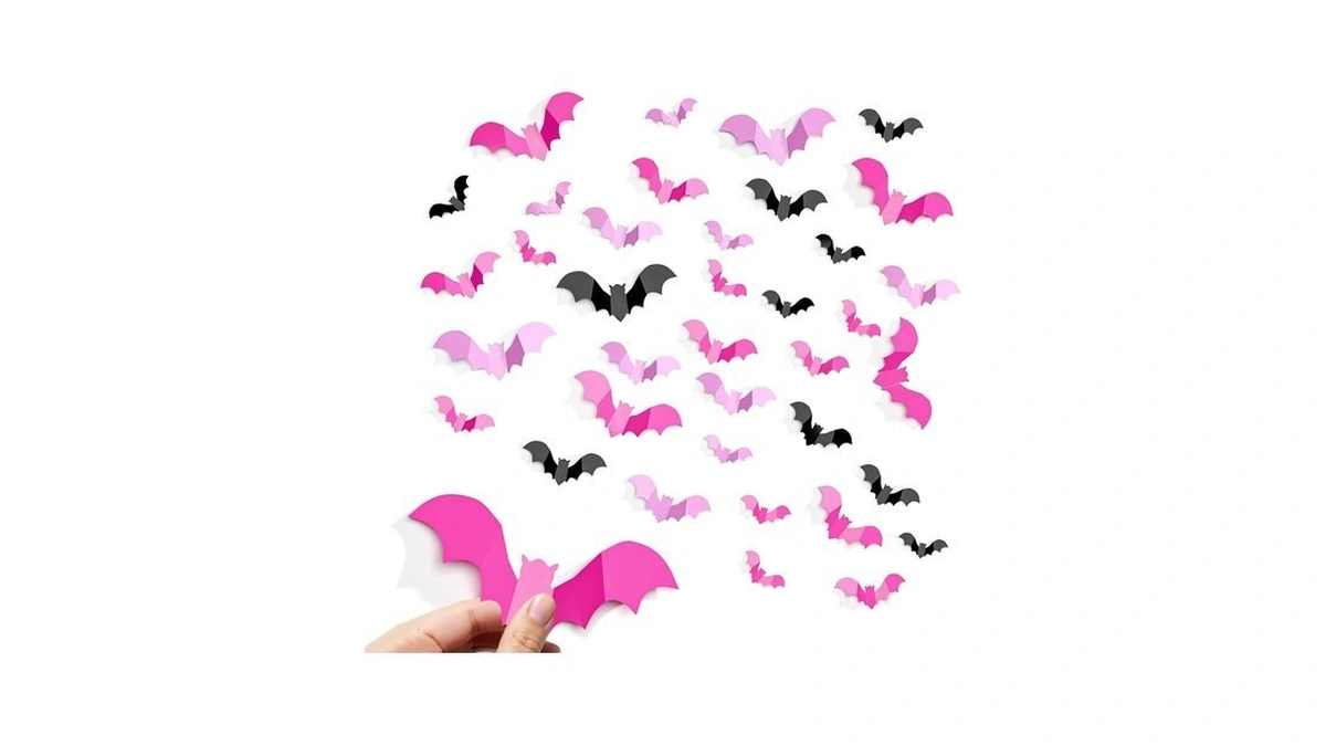 Cleangor 48pcs Pink Bat Halloween Decor, Halloween Party Supplies Stickers
