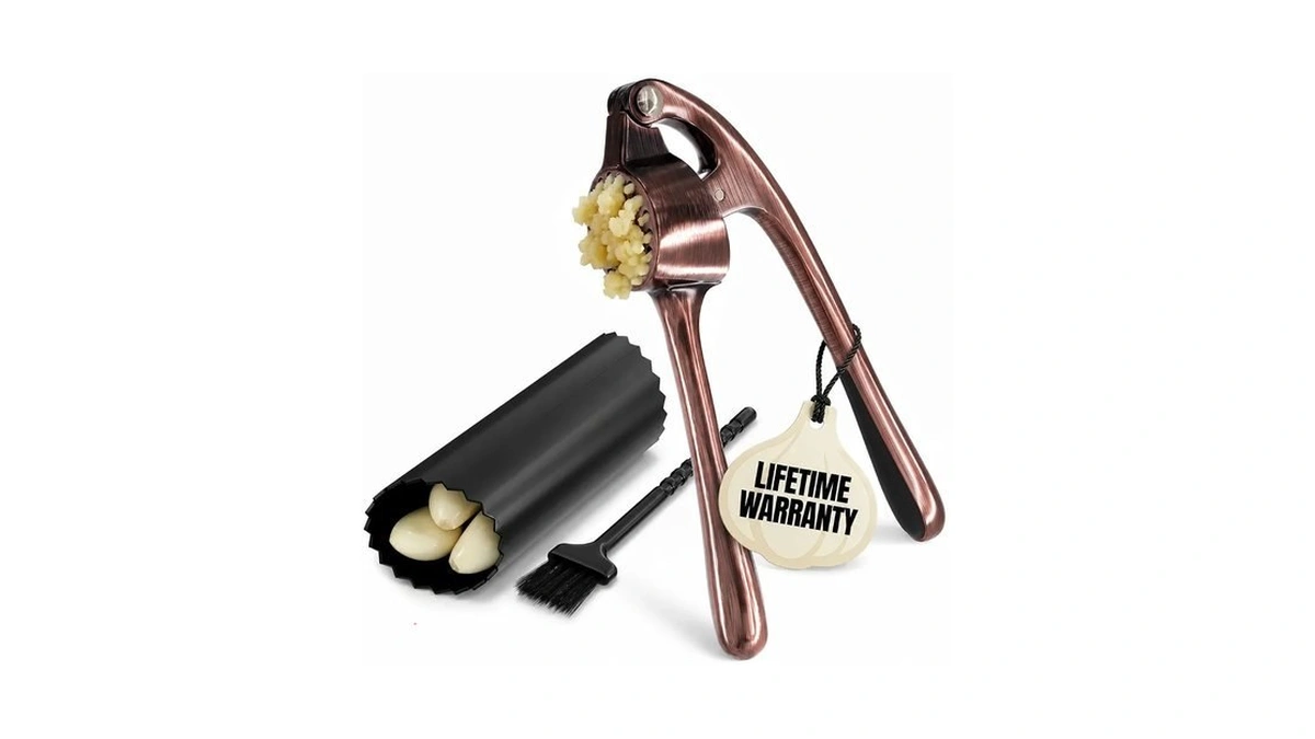 Stainless Steel Garlic Press Set, Peeler & Cleaning Brush, Copper