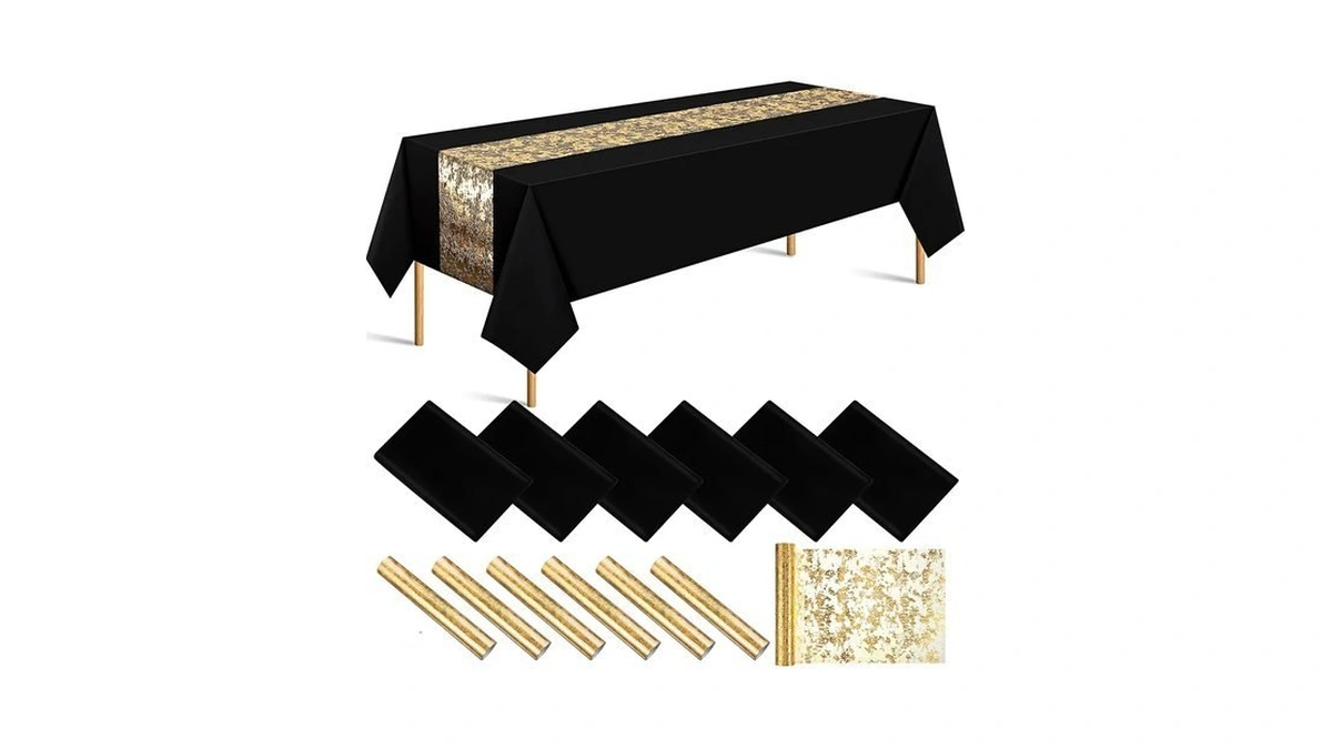 Peryiter 12 Pcs Rectangle Tablecloth And Sequin Gold Table Runner,black