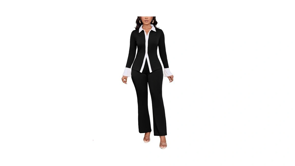 Womens 2 Piece Pantsuits Business Suit Set Long Sleeve Button