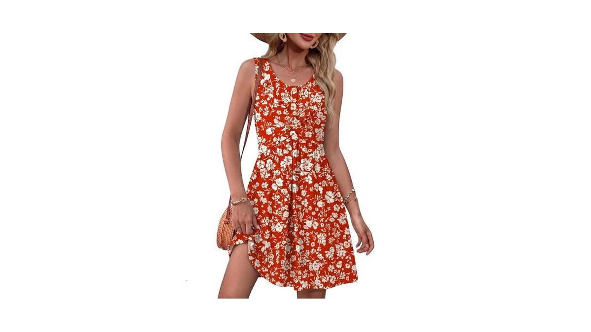 Aumora Womens Summer Floral Mini Dress Sleeveless Sundress Pockets