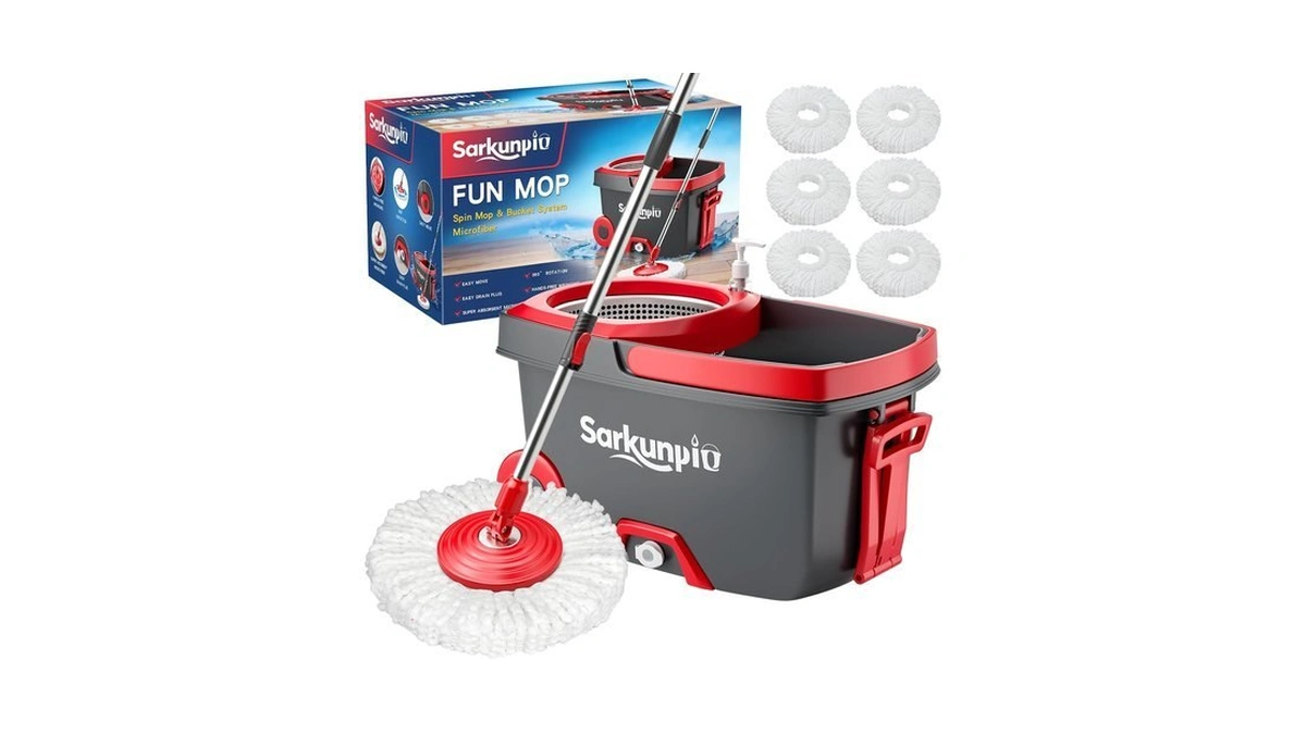 Sarkunpio Spin Mop And Bucket Set With 6 Microfiber Heads,