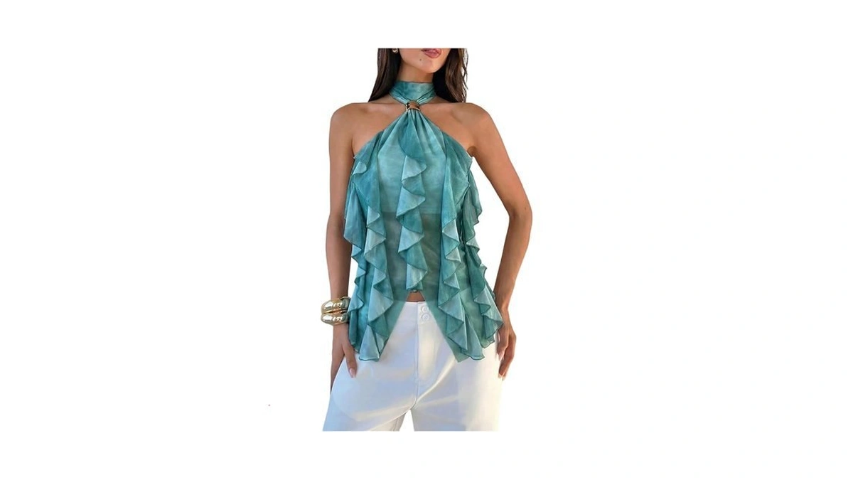 Roseseek Women's Ruffle Halter Top Y2k Sleeveless Mock Neck Asymmetrical