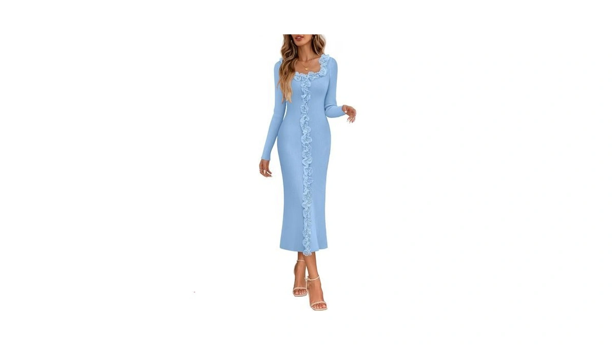 Merokeety Womens Long Sleeve Ruffle Bodycon Sweater Dress, Blue, Small