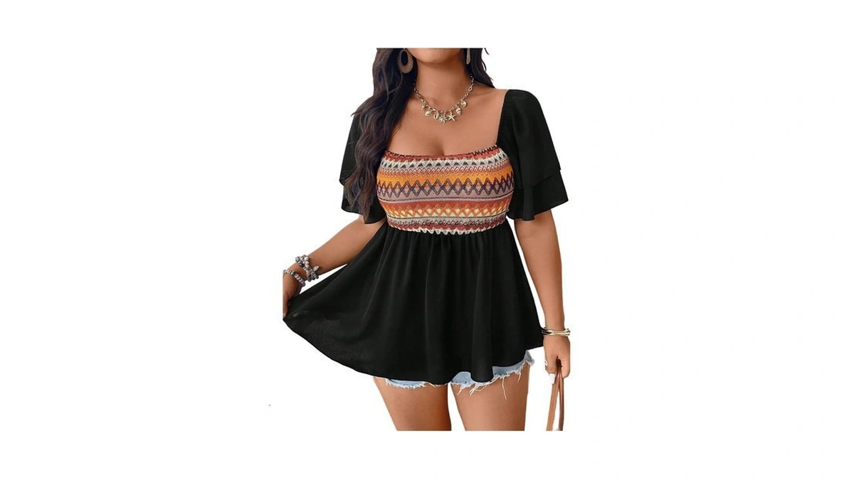 Beaudrm Women's Plus Size Geometric Graphic Ruffle Peplum Blouse Half