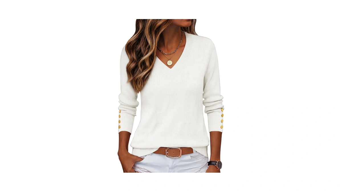 Zeagoo Womens Fall Sweater Long Sleeve White Shirts V Neck