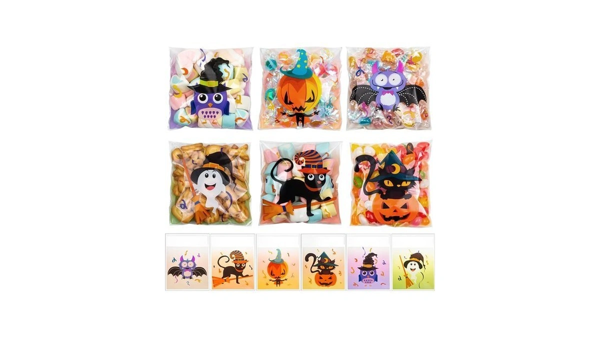 Gomanche 200pcs Halloween Treat Bags - Self-adhesive Clear Cookie Bags