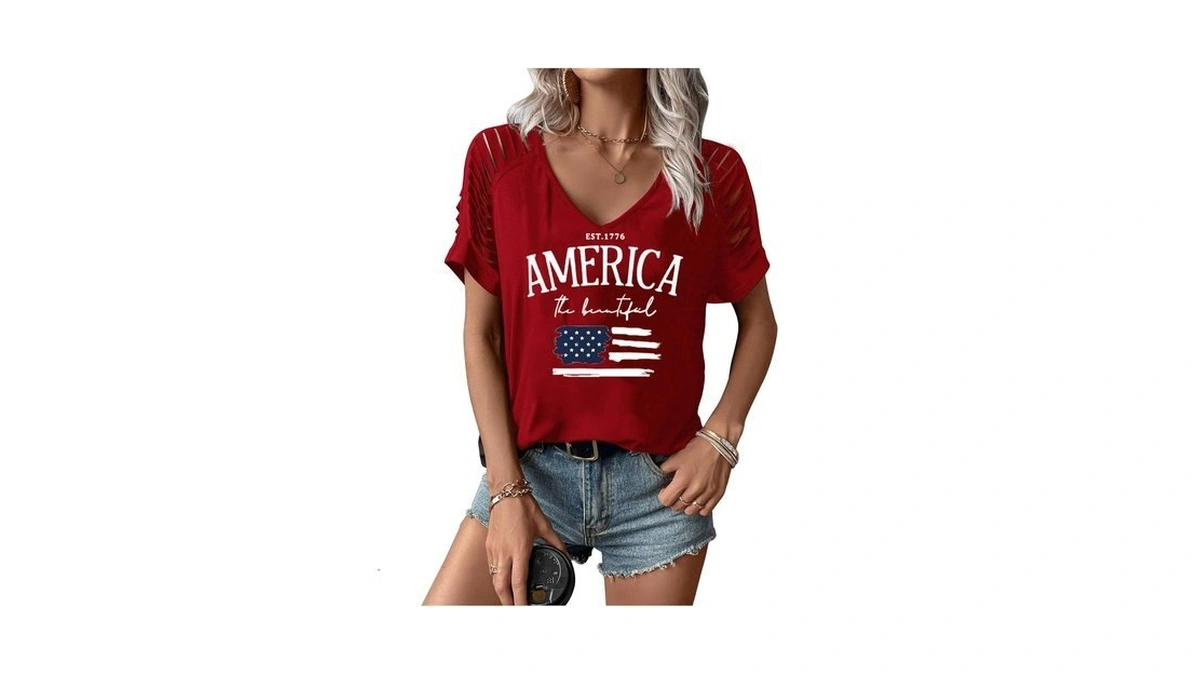 Women's 4th Of July Flag Shirt Vintage V Neck 1776
