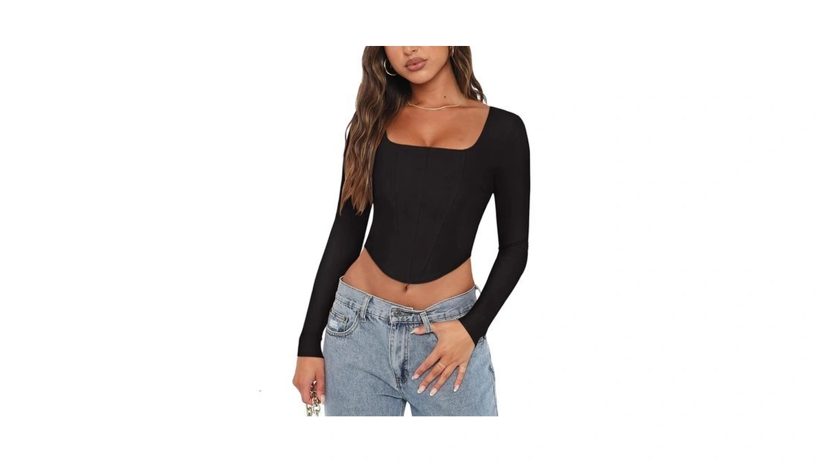 Reoria Womens Sexy Square Neck Long Sleeve Y2k Corset Crop