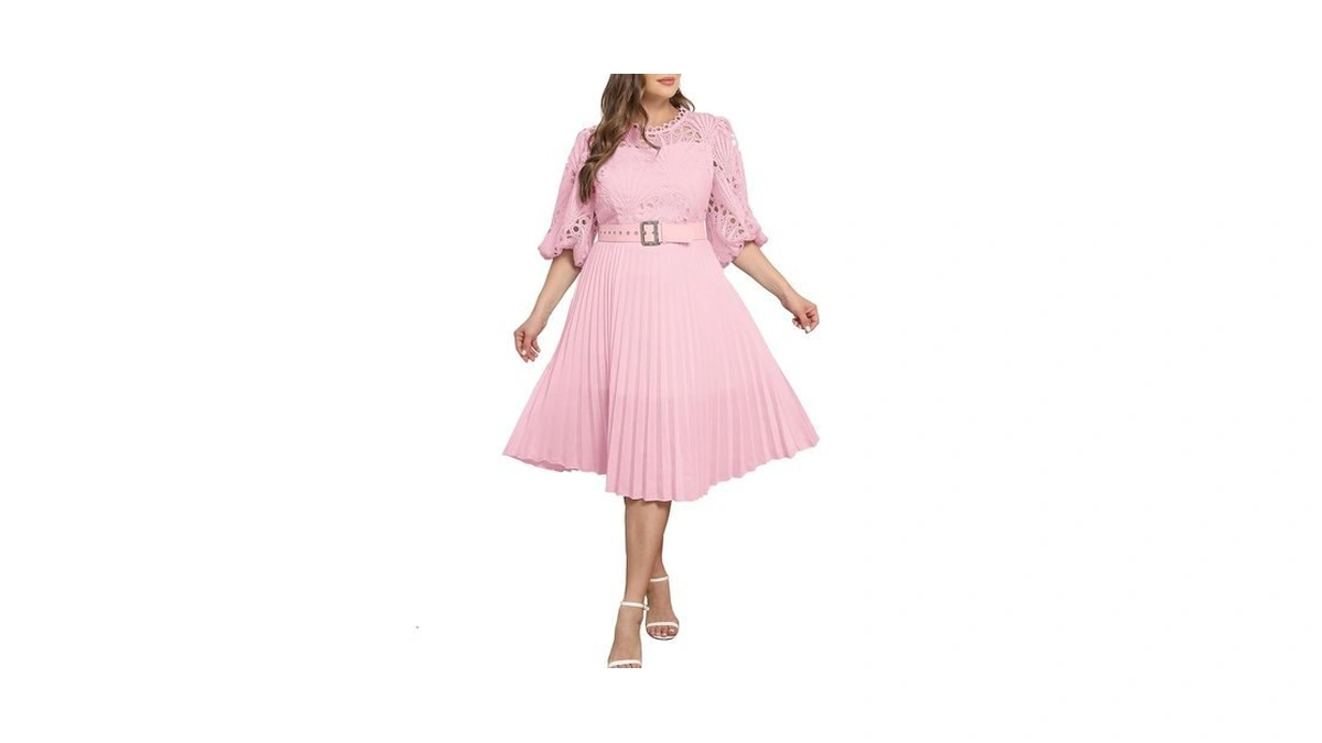 Iwfev Plus Size Dress Puff Sleeve Lace Pleated Dress Short