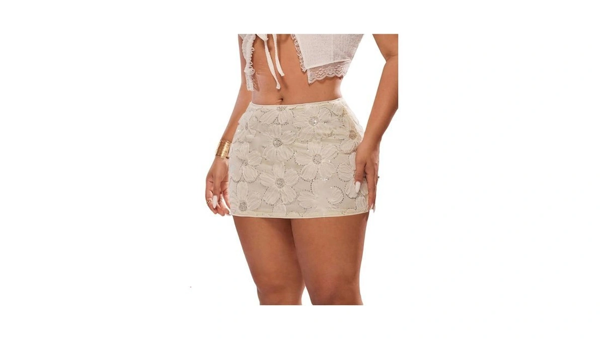 Makemechic Women's Plus Size Sequin Floral Bodycon Skirt Sparkly Low