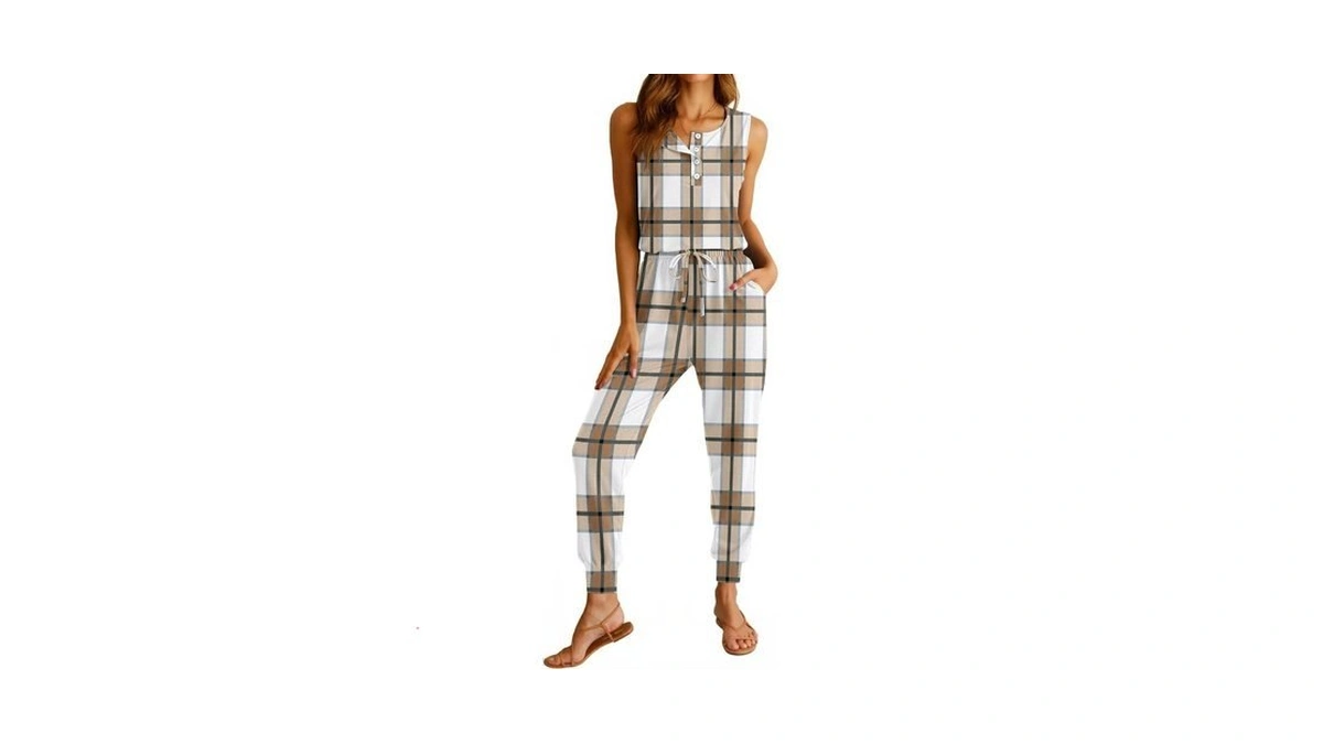 Kissmoda Women’s Plaid Two Piece Casual Set Sleeveless Half Placket
