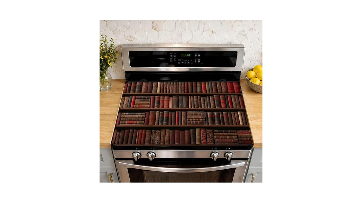 Vintage Bookshelf Stove Top Cover For Electric Stove 28.5"x 20.5",book