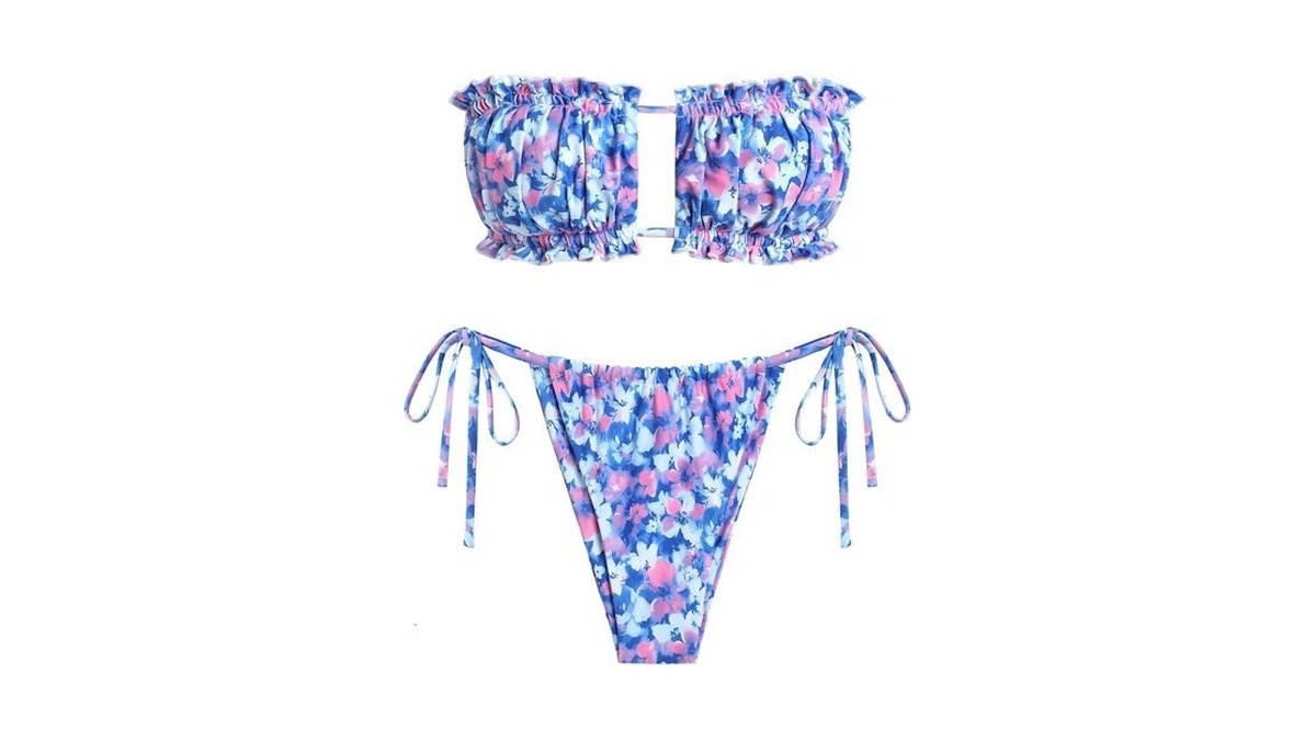 Zaful Women 2 Piece Strapless Bikini Swimsuits Ruffle Ribbed Self
