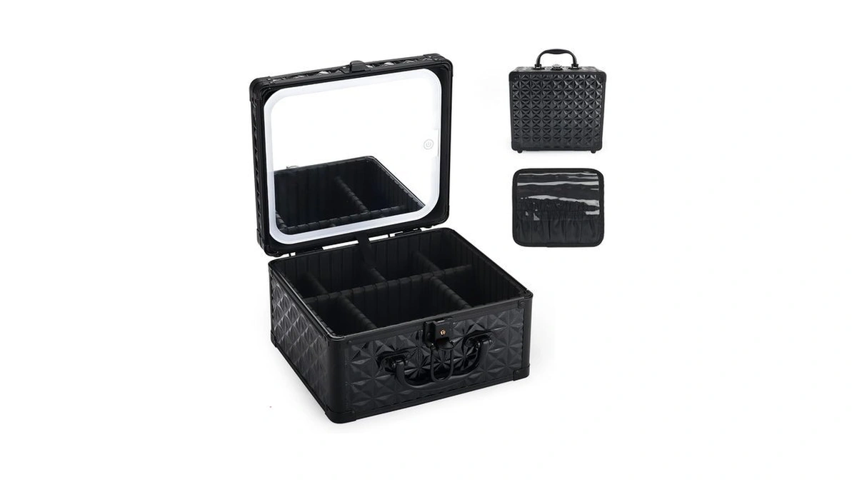 Makeup Case With Led Mirror, Portable Lockable Vanity Case,sparkling Black