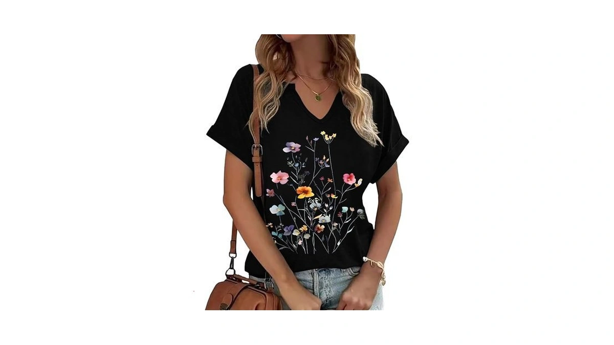 Onivison Womens Flowers V Neck Shirt Vintage Boho Floral Wildflowers