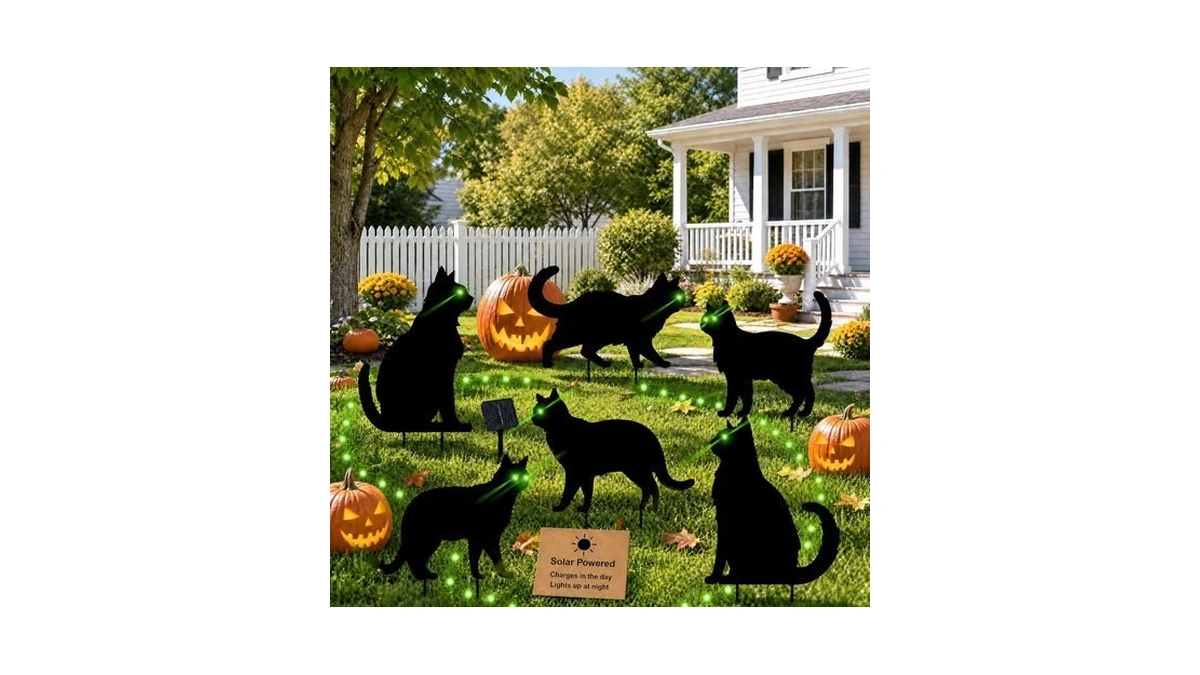 6 Pack Halloween Black Cat Yard Decorations, Solar Powered Green