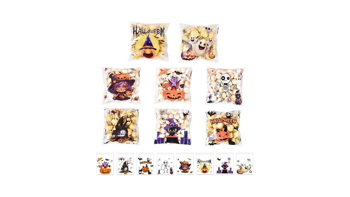 Koutey 200 Pcs Halloween Goodie Bags Small Cellophane Treat Bags,