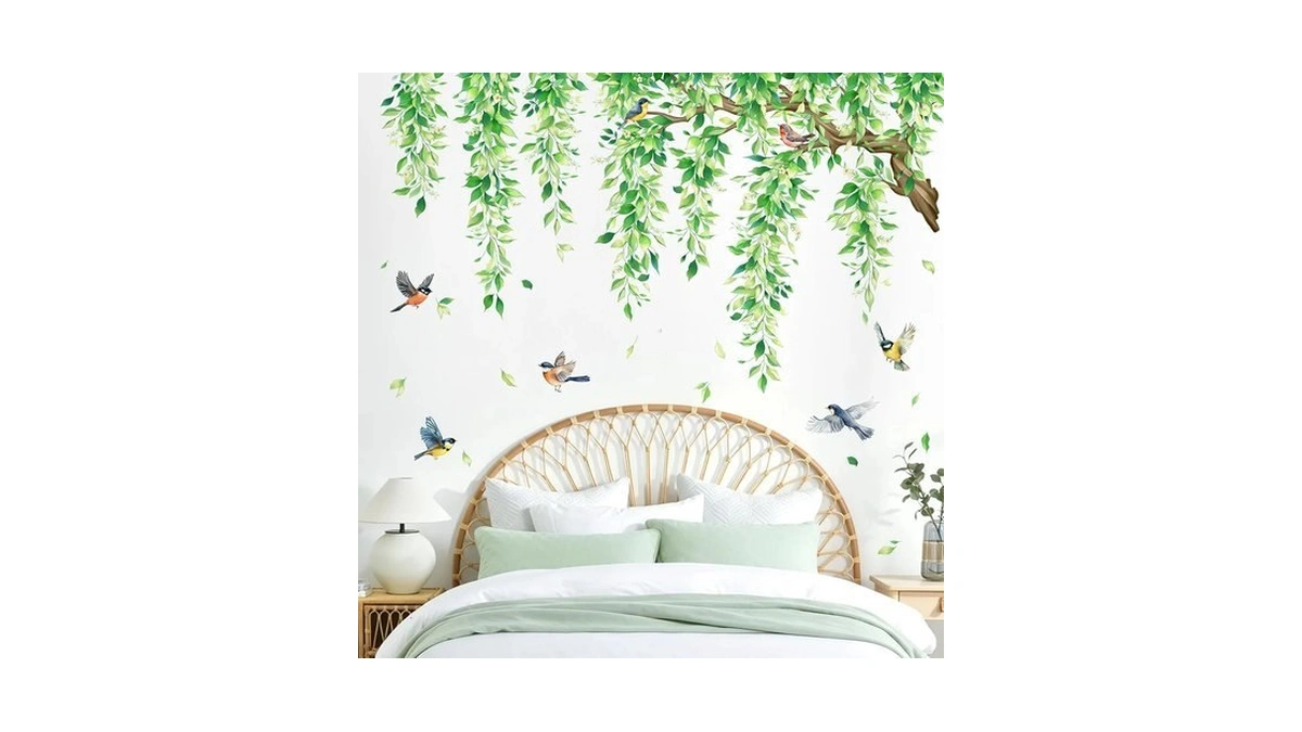 Large Tree Branch Wall Decals Hanging Green Vine Leaves Birds
