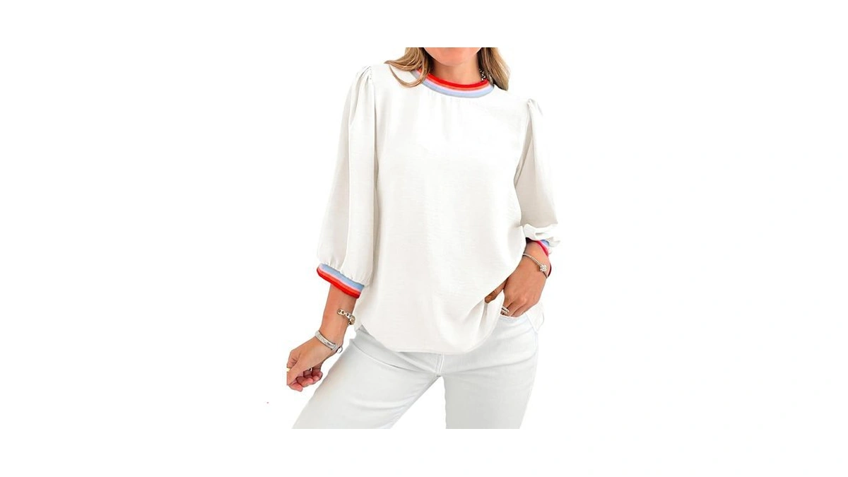 Tankaneo Womens 3/4 Sleeve Puff Tops Casual Loose Fit Patchwork