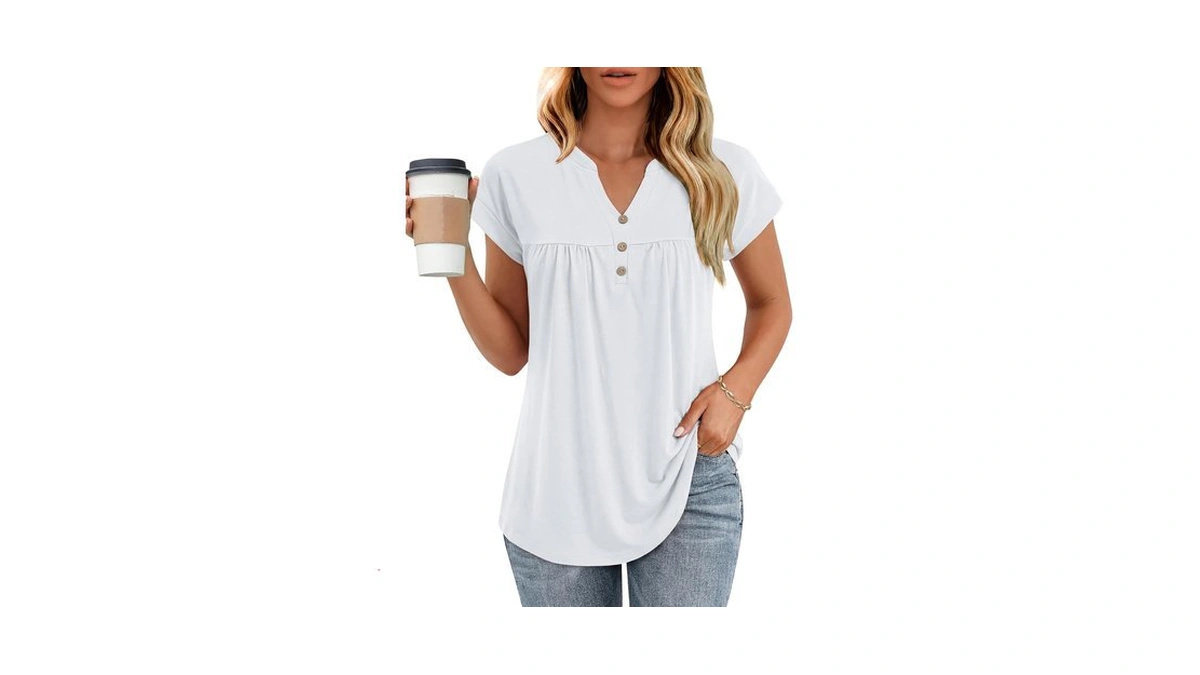 Yokgo Womens T Shirts Short Sleeve Pleated Button Top Dressy
