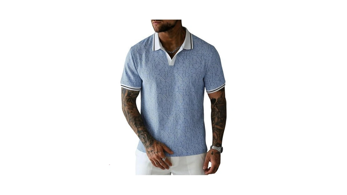 Wdirara Men's Collared Short Sleeve Shirts Geometric Print Tee Summer