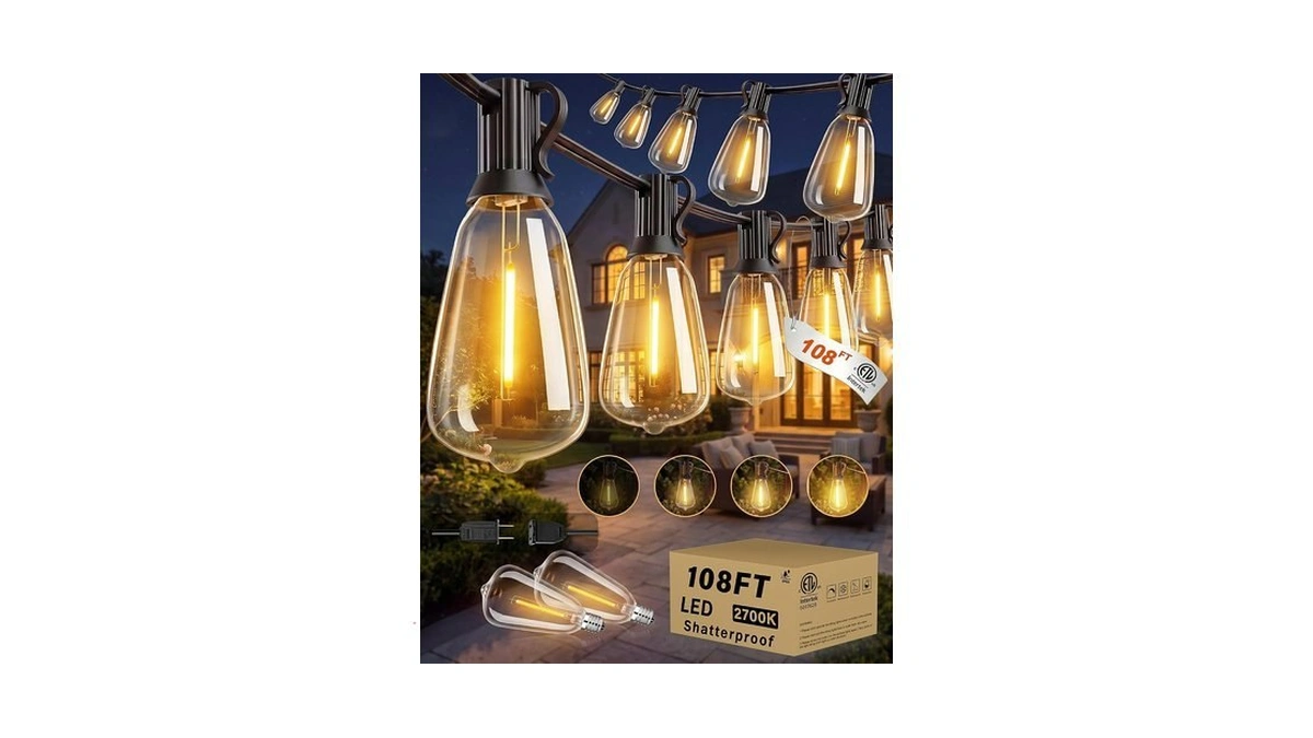 Pesken Outdoor String Lights, 108ft St38 Led Patio Lights Waterproof