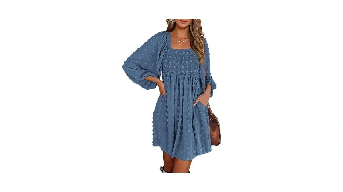 Btfbm Women's Mini Smocked Wedding Guest Dress,swiss Dot Grey Blue,s