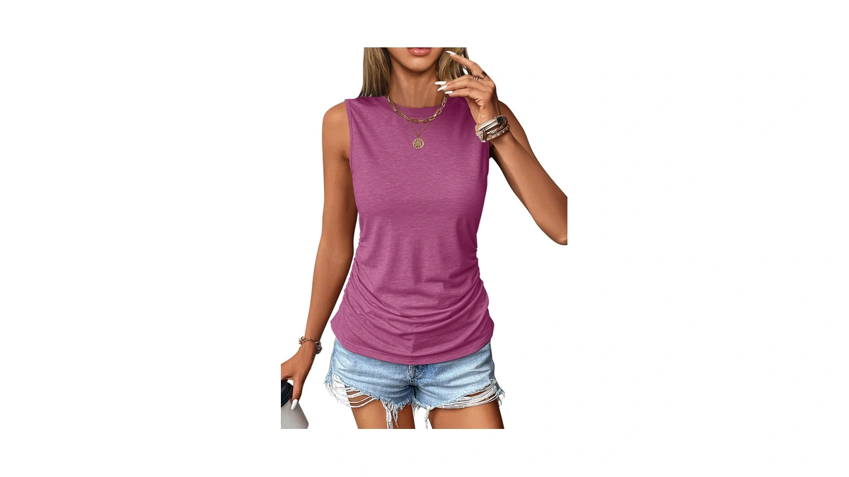 Micticsi Womens Crewneck Ruched Sleeveless Ta...