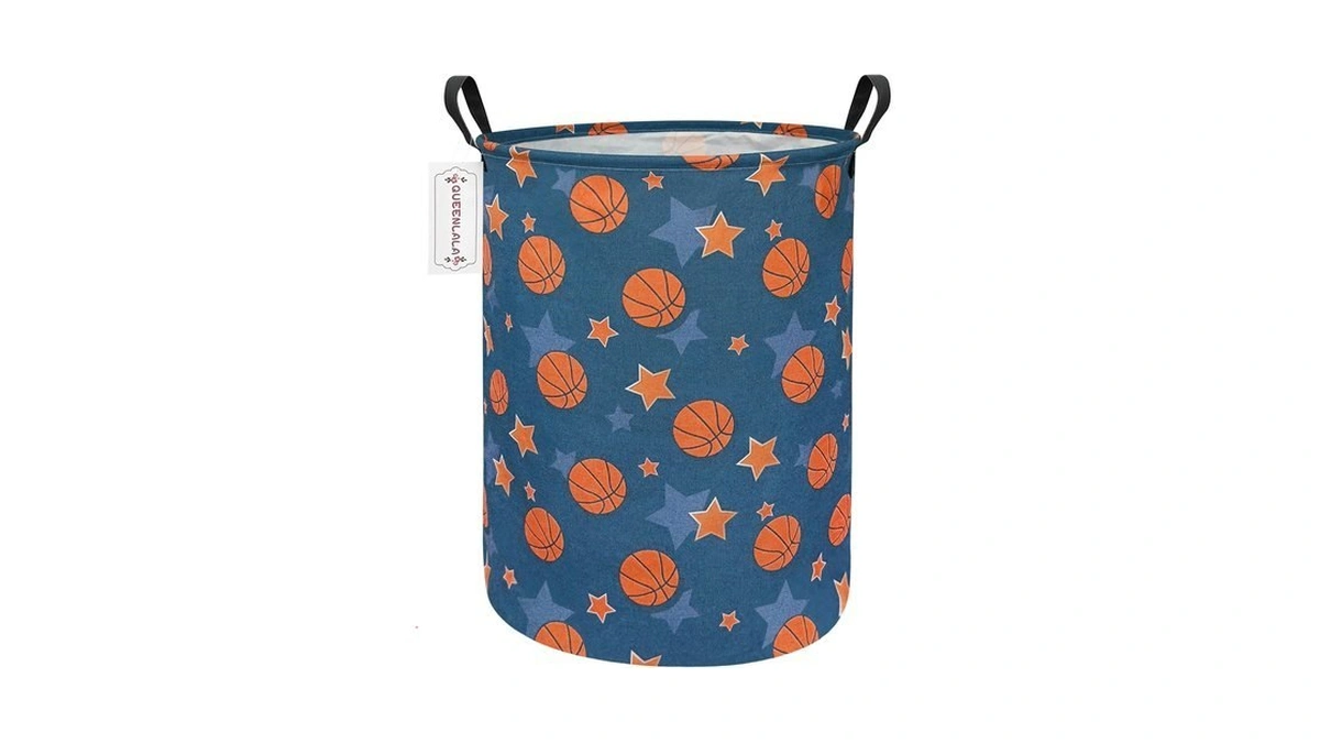 Queenlala Large Foldable Round Storage Basket Laundry Hamper, Basketball